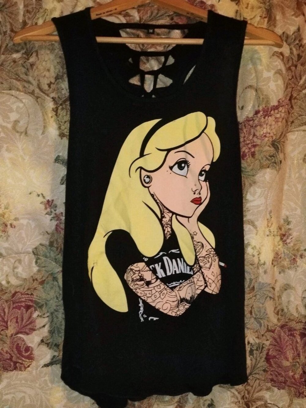 RARE Jack Daniels Alice in Wonderland Tattoo Fishnet Tank Top